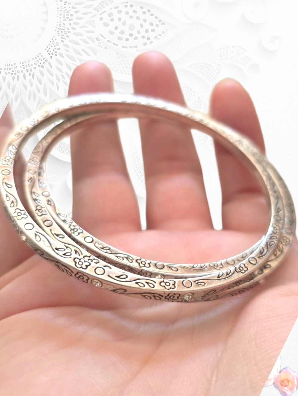 Floral Etched Silver Tone Bangle Bracelet Set Stack Rhinestone Accent Sterling